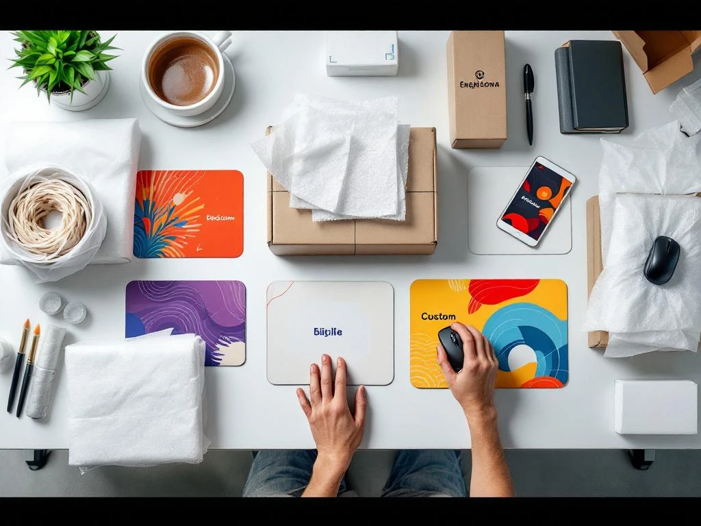 Overhead-Ansicht einer Verpackungsstation mit bunten Custom-Mousepads in Schutzhüllen und professionellem Verpackungsmaterial