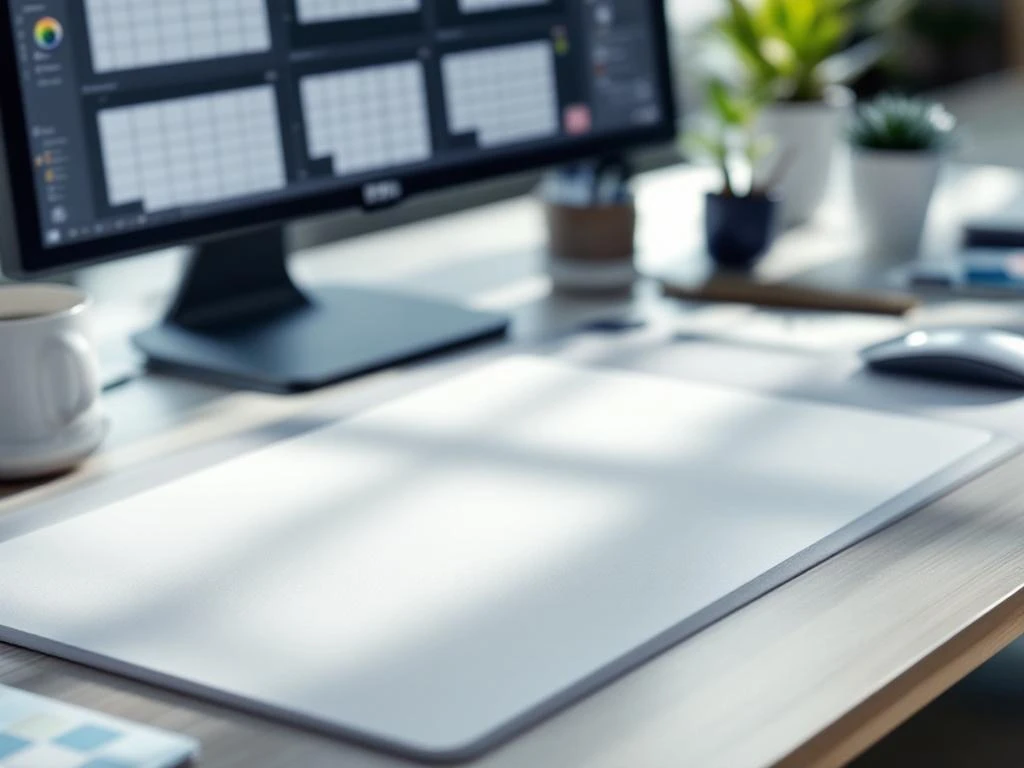 Weißes Mousepad auf Designer-Schreibtisch mit Grafiktablet, Farbmustern und Design-Software auf Monitor im Hintergrund