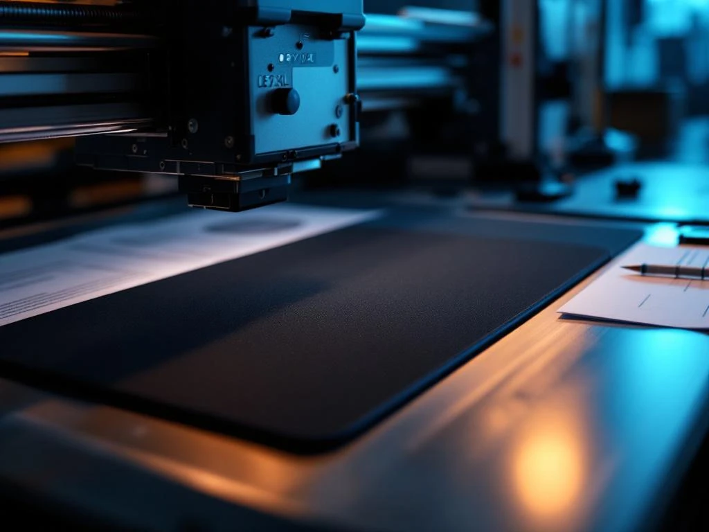Schwarzes Mousepad mit Firmenlogo unter professioneller Druckmaschine, umgeben von Rechtsdokumenten und Waage