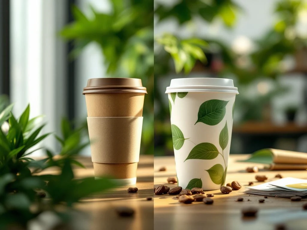 Umweltfreundliche Bambus- und Recycling-Kaffeebecher im Kontrast zu Einwegbechern mit Umweltschäden im Büro