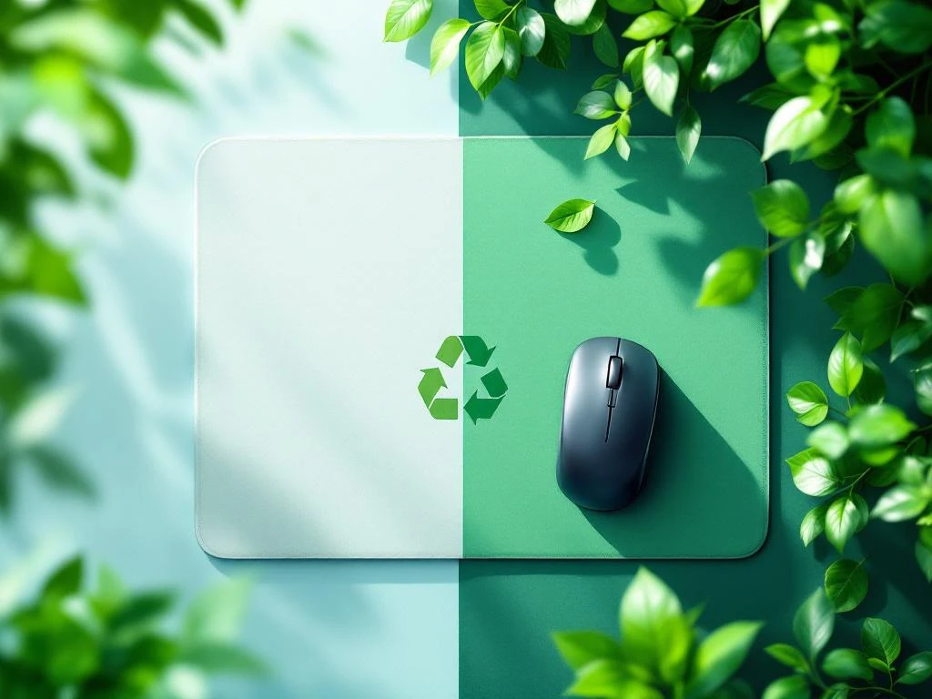 Bedruckte Mauspad mit lebendigen Logo neben grünen Blättern und Recycling-Symbolen für nachhaltige Büroausstattung