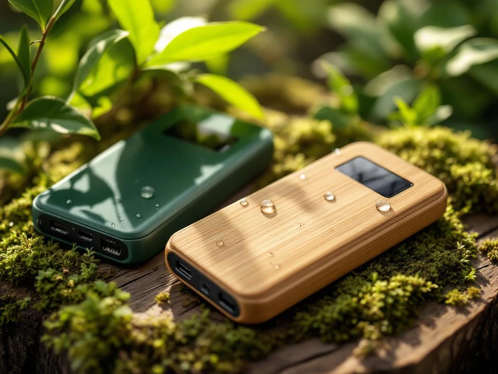 Nachhaltige Powerbanks aus Bambus und recycelten Materialien mit Solarpanels auf moosbedeckter Holzoberfläche