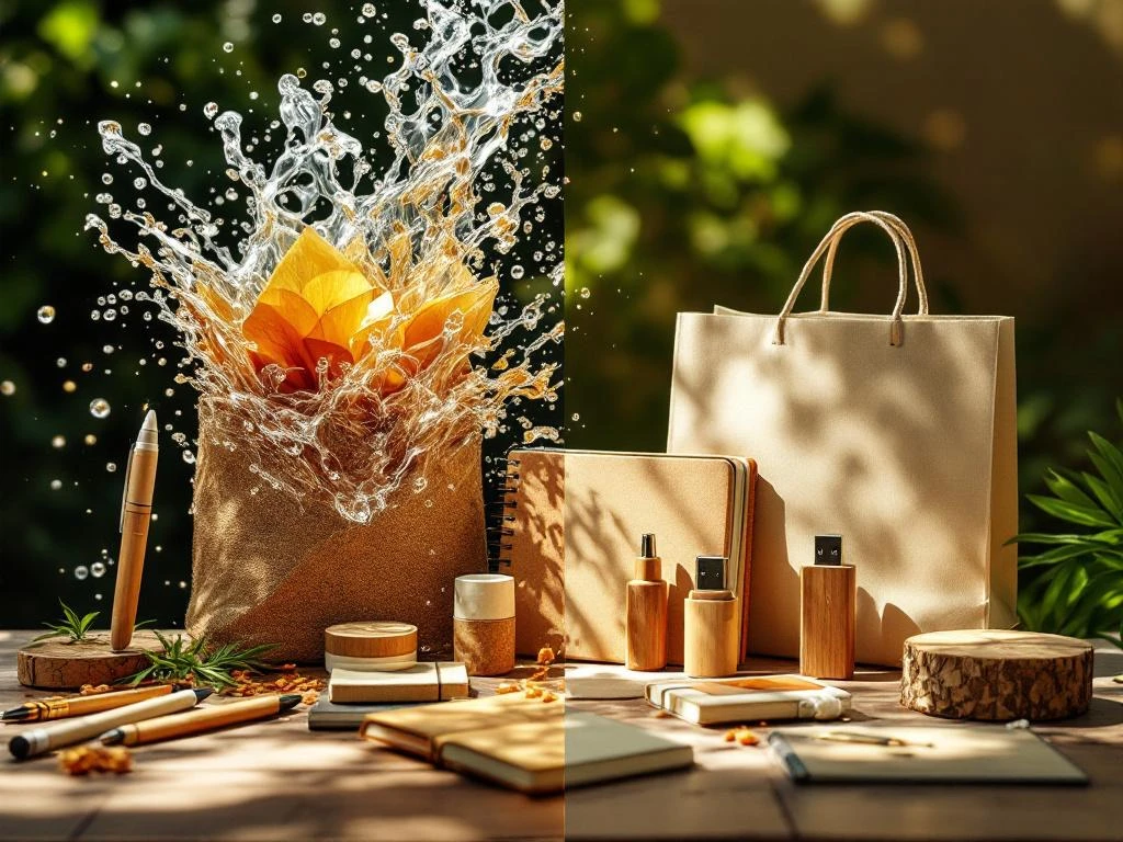 Split-Screen: Plastikwerbeartikel lösen sich links auf, rechts entstehen Bambus-Stifte, Kork-Notizbücher und Holz-USB-Sticks