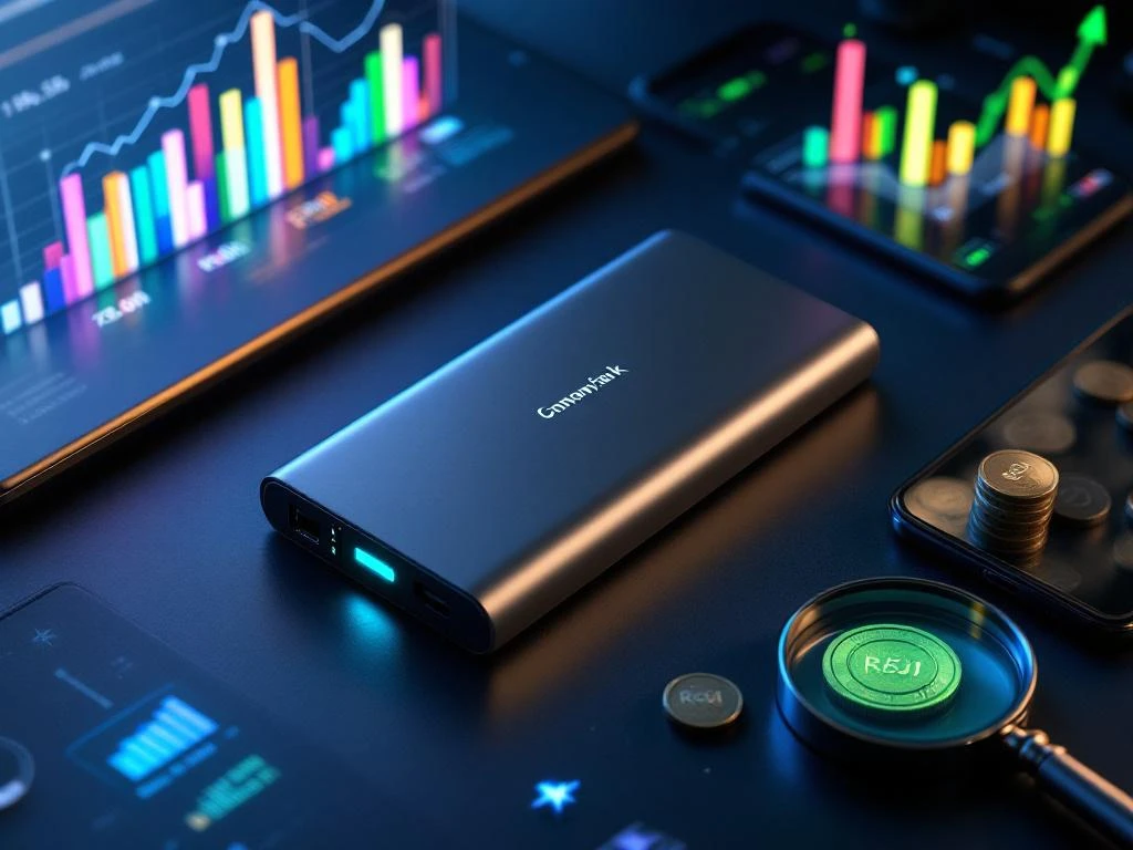 Moderne Powerbank auf Schreibtisch mit holographischen Diagrammen, Smartphone mit Metriken und ROI-Münzen