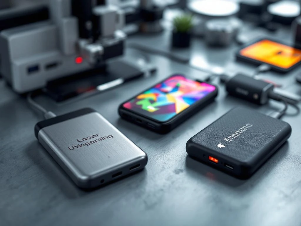 Personalisierte Powerbanks mit Lasergravur, UV-Druck und Prägung auf modernem Arbeitsplatz mit Studiobeleuchtung