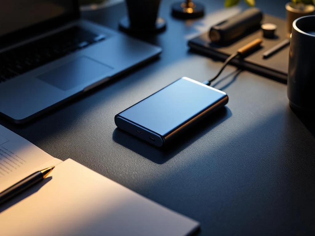 Premium Powerbank mit Logo-Platzhalter auf Bürotisch mit Laptop und Smartphone im warmen Studiolicht