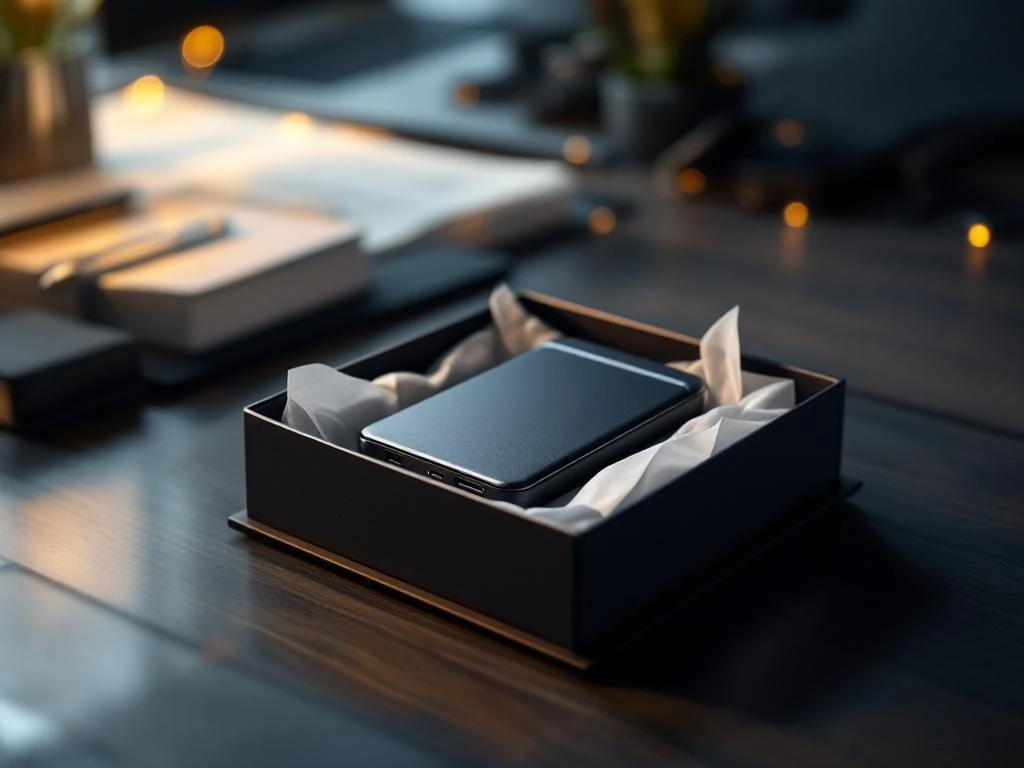 Elegante schwarze Powerbank mit Metallakzenten in geöffneter Geschenkbox auf professionellem Büroschreibtisch