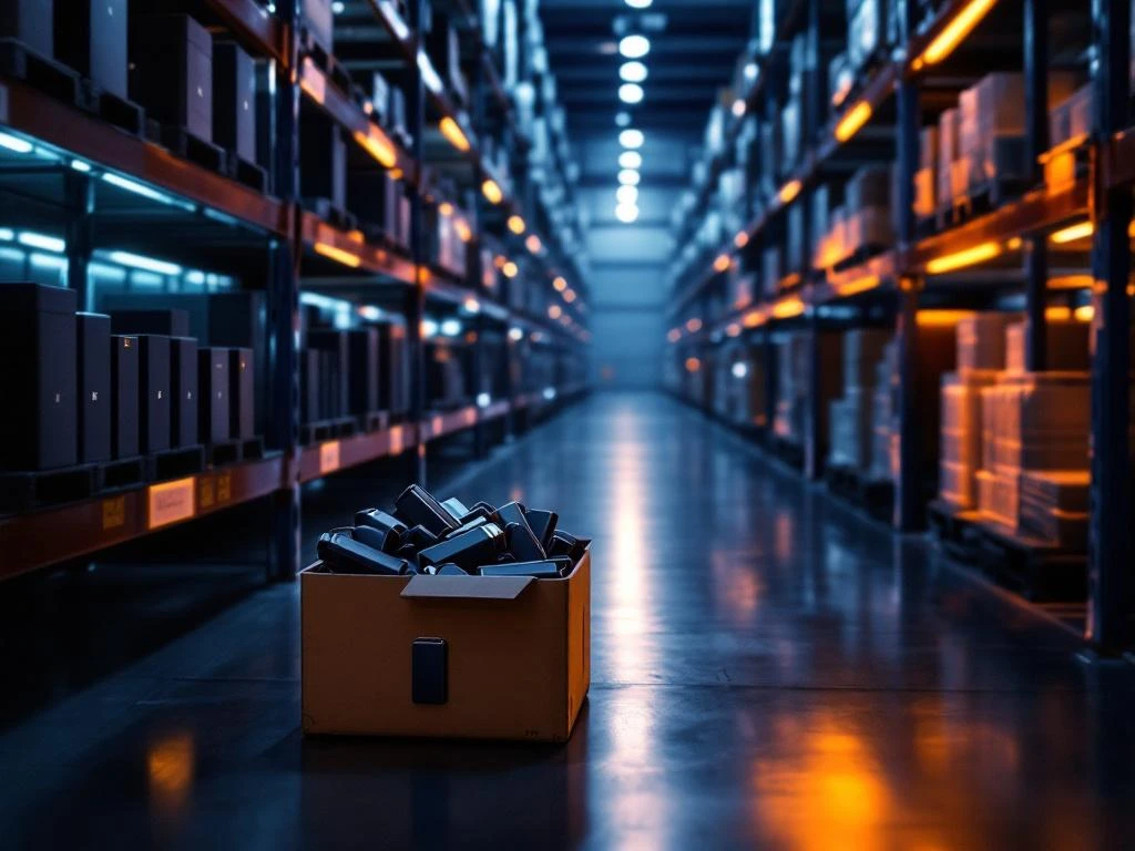 Organisiertes Lager mit Reihen von schwarzen und silbernen Powerbanks in modernen Industrieregalen unter LED-Beleuchtung