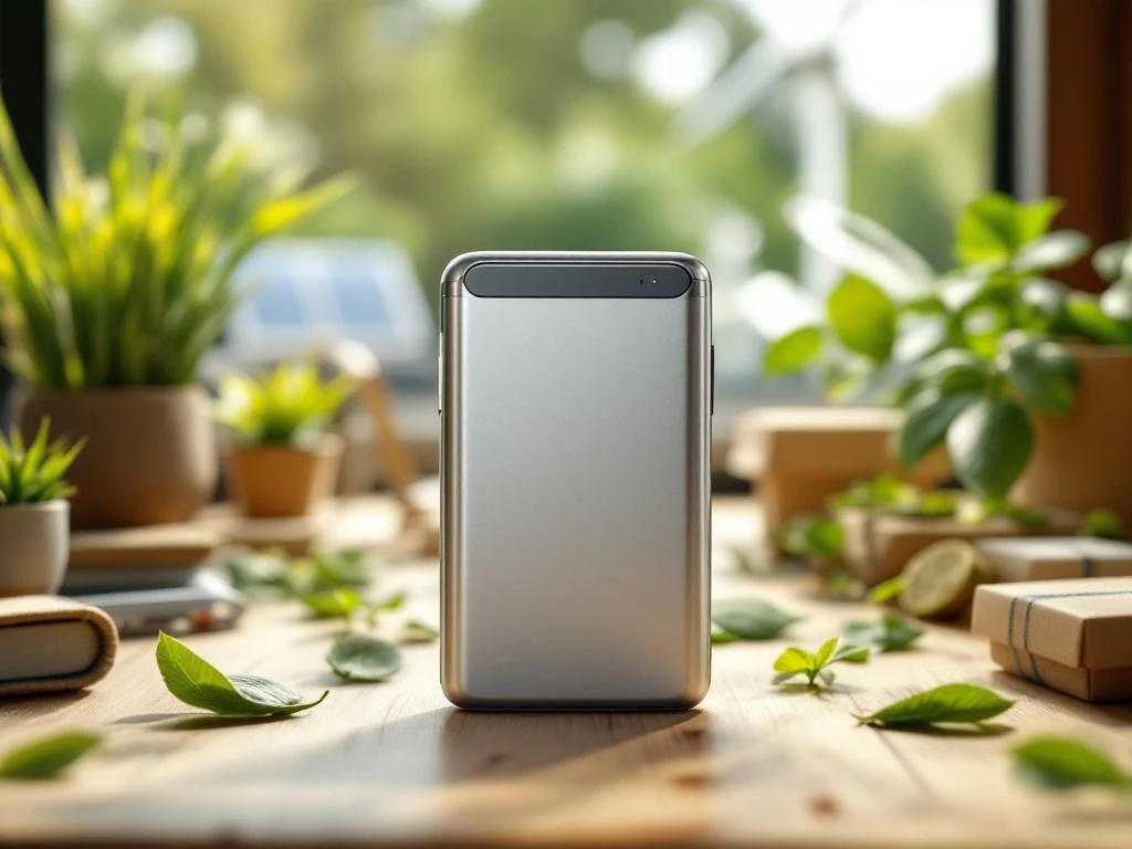 Moderne Powerbank auf Holztisch mit Pflanzen und nachhaltigen Materialien, Solarpanels im Hintergrund