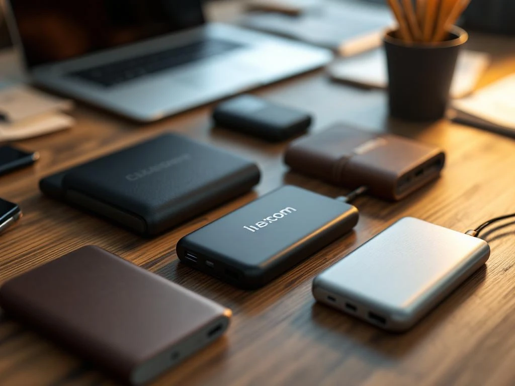 Individuell bedruckte Powerbanks mit Lasergravur und UV-Druck auf Holzschreibtisch in professioneller Büroumgebung