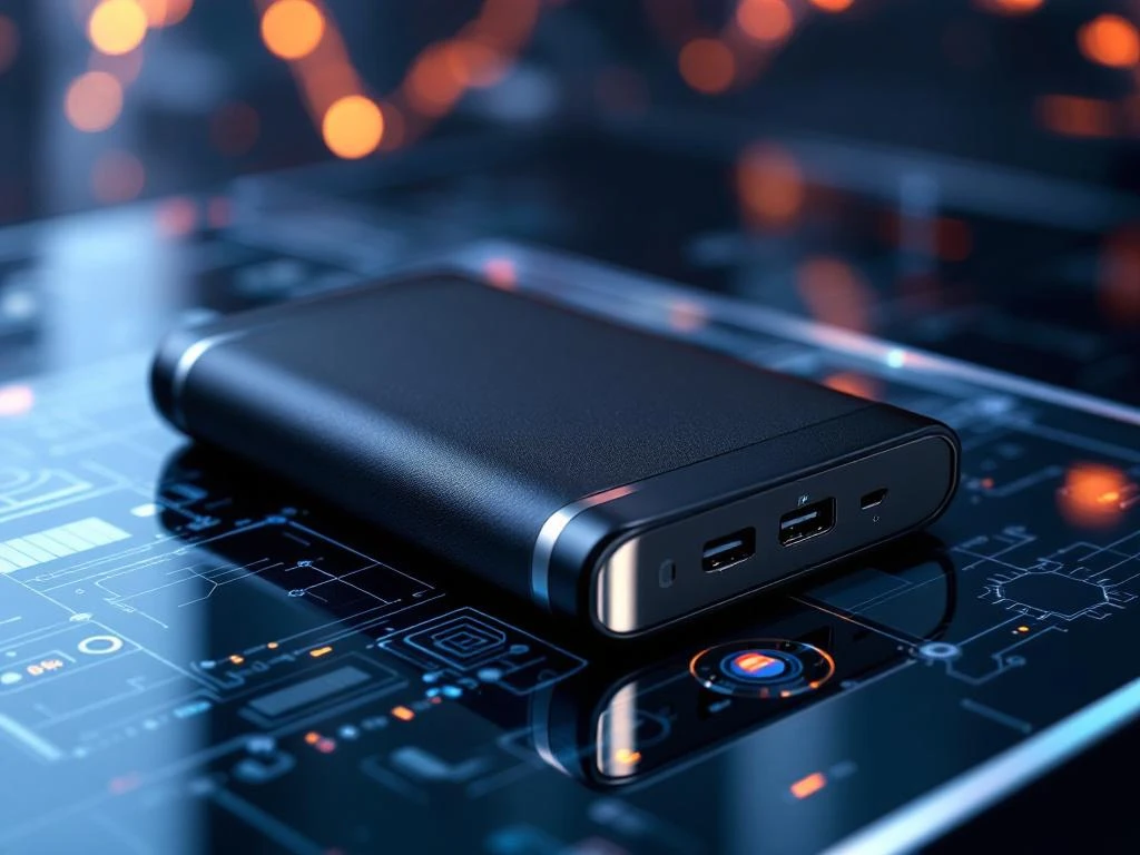 Schwarze Premium-Powerbank mit metallischen Akzenten auf Glasoberfläche, dramatische Beleuchtung zeigt hochwertige Verarbeitung