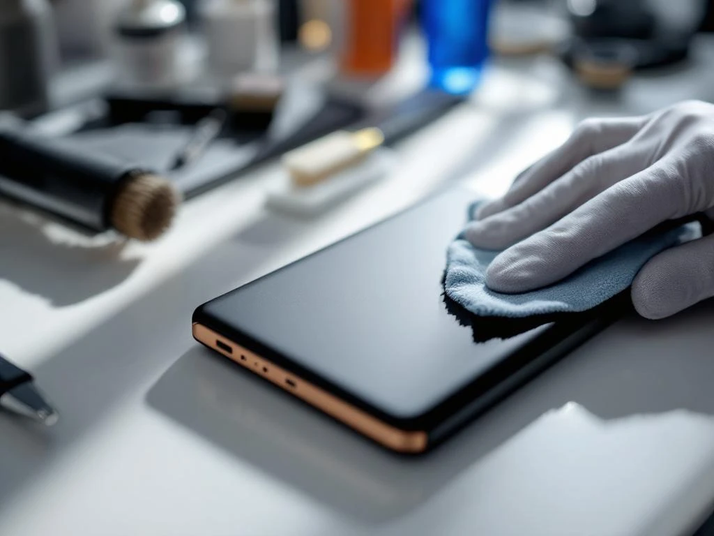 Schwarze Powerbank mit buntem Logo wird mit Mikrofasertuch und weißen Handschuhen auf weißer Oberfläche gereinigt