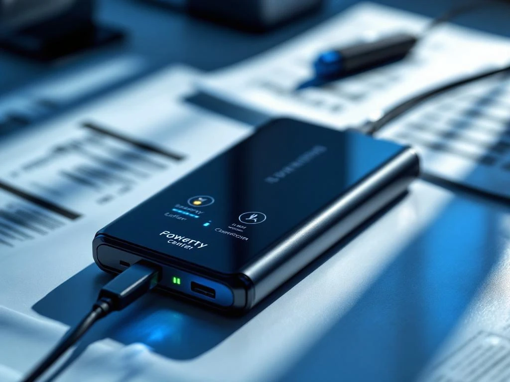 Schwarze Powerbank mit LED-Anzeigen und Sicherheitszertifikaten auf weißem Schreibtisch mit Ladekabeln
