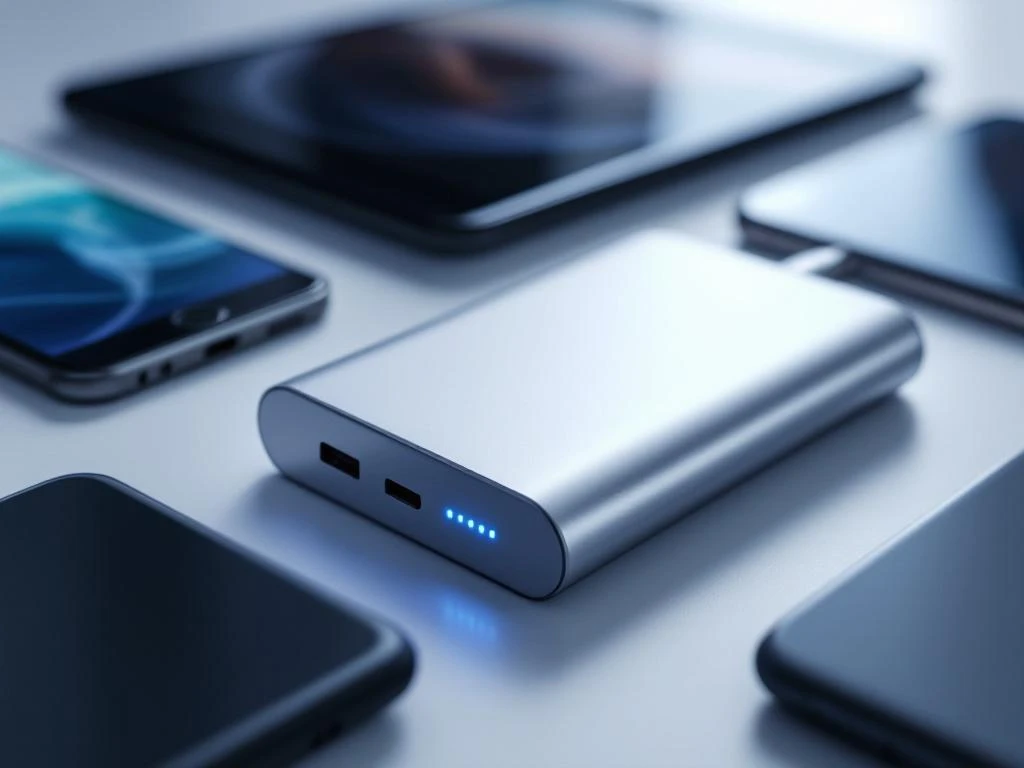 Silberne Powerbank mit blauen LED-Anzeigen auf weißer Oberfläche, umgeben von Smartphones und Tablets