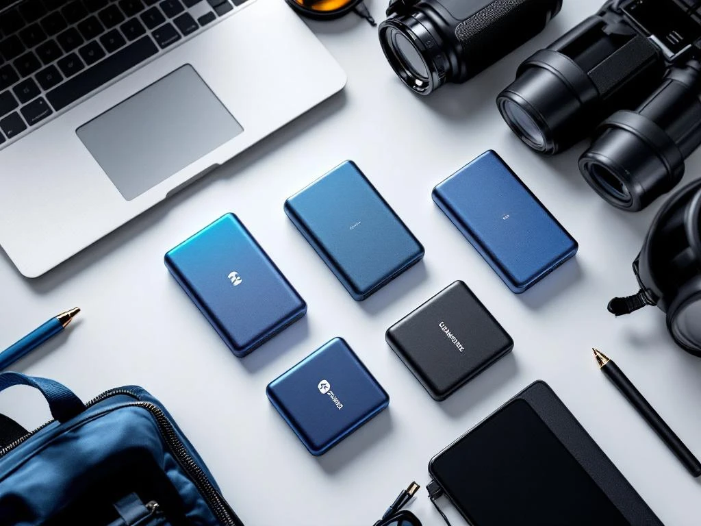 Mehrere Powerbanks mit bunten Logos auf weißem Schreibtisch, umgeben von Laptop, Smartphone und Reisezubehör