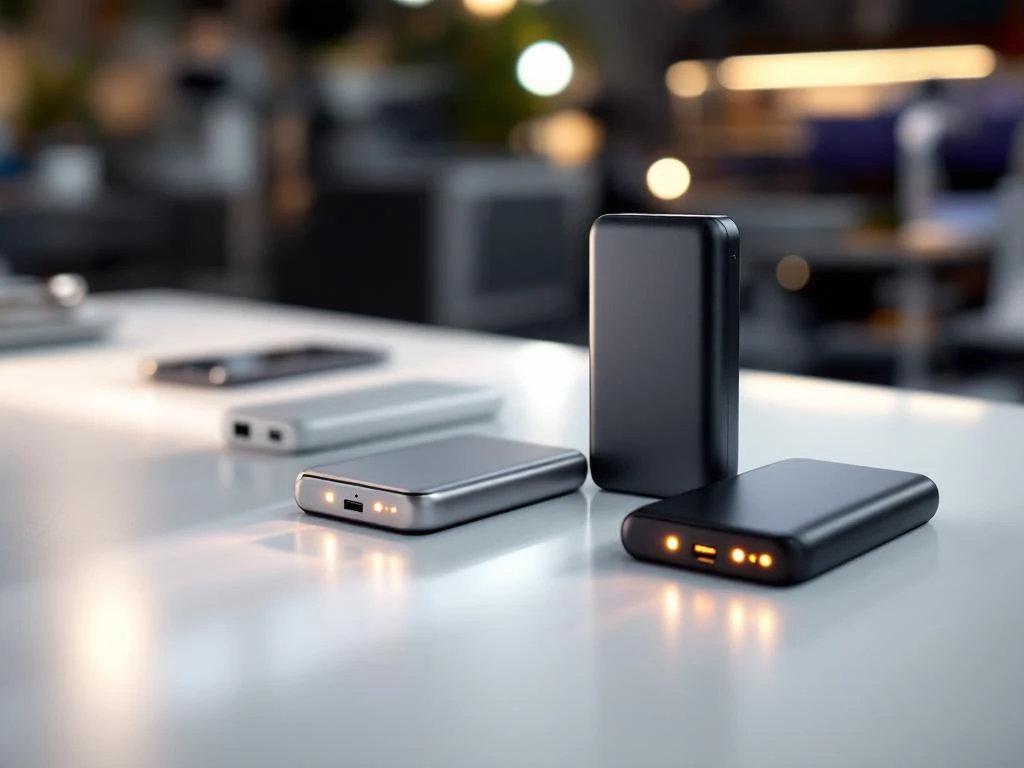 Mehrere silberne und schwarze Powerbanks mit LED-Anzeigen auf weißem Schreibtisch in professionellem Arbeitsplatz