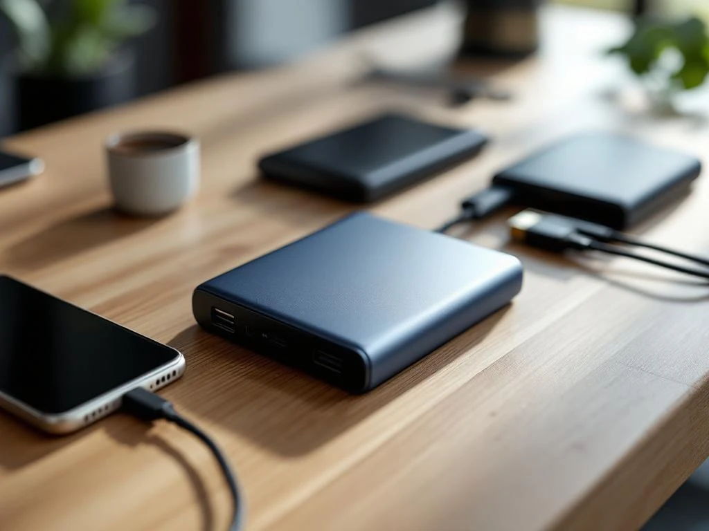 Mehrere elegante Powerbanks in verschiedenen Farben auf Holzschreibtisch mit Smartphone und USB-Kabeln arrangiert