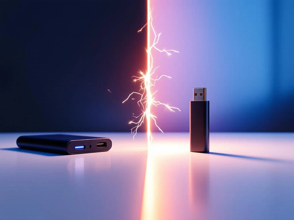 Schwarze Powerbank und USB-Stick auf weißem Schreibtisch mit dramatischer Beleuchtung und Vergleichseffekten