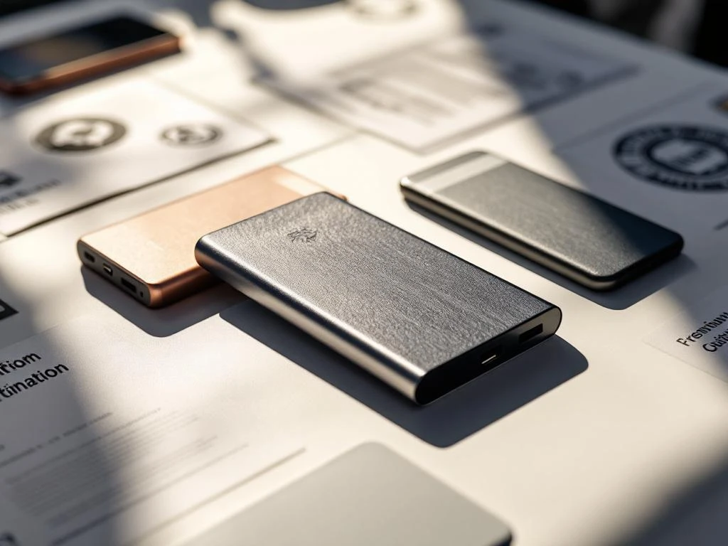 Hochwertige Powerbanks mit Zertifizierungssymbolen auf weißer Oberfläche, professionelle Beleuchtung zeigt Materialdetails