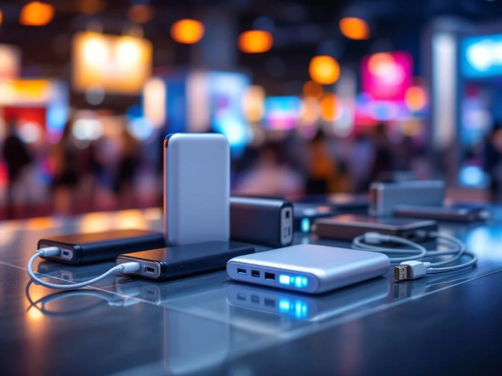Moderne Powerbanks in verschiedenen Farben und Größen auf Messestand-Display mit USB-Kabeln und professioneller Beleuchtung