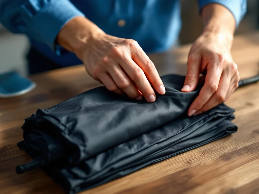 Hände falten sorgfältig schwarzen Werberegenschirm mit Corporate-Branding auf Holzoberfläche, Anleitung