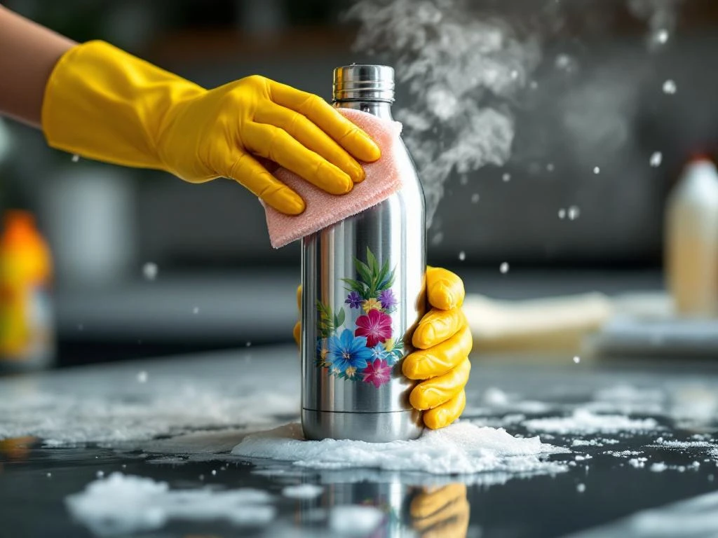 Hände in gelben Gummihandschuhen reinigen Edelstahl-Trinkflasche mit Mikrofasertuch und Schaum auf Küchentheke