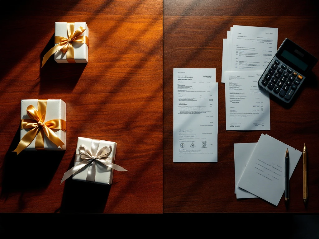 Mahagoni-Schreibtisch von oben: links elegante Geschenkboxen mit goldenen Bändern, rechts Geschäftsdokumente und Taschenrechner