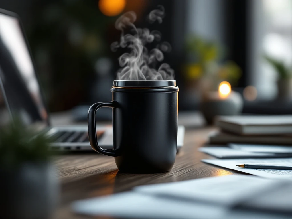 Elegante schwarze Thermotasse mit Dampf auf modernem Büroschreibtisch neben Laptop und Dokumenten