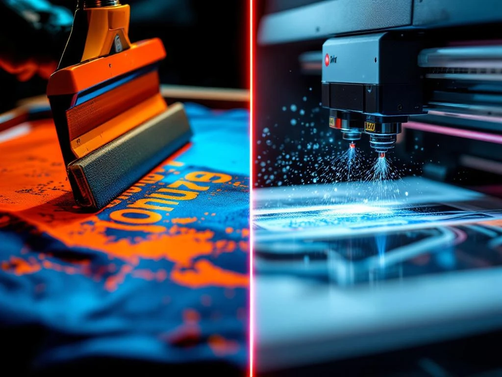 Vergleich von Siebdruck und Digitaldruck: Rakel drückt Farbe durch Sieb auf T-Shirt neben Tintenstrahldrucker