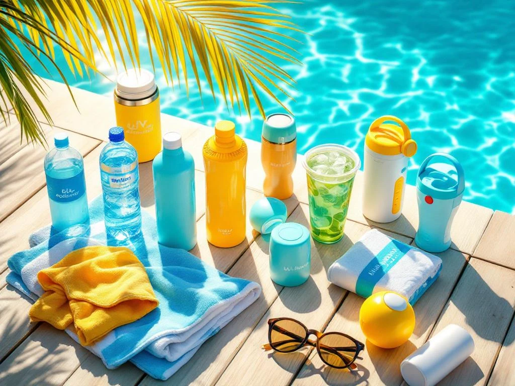 Acht Sommer-Werbeartikel wie Wasserflaschen und Handtücher auf Holzdeck neben türkisem Pool arrangiert