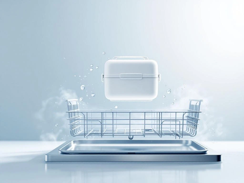 Weiße Lunchbox mit geometrischen Mustern schwebt über Geschirrspülerkorb mit Wassertropfen und Dampf