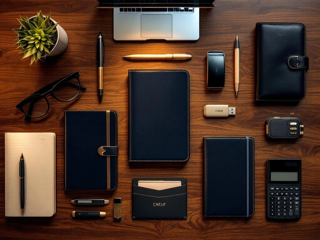 Zehn Premium-Werbeartikel für Steuerberater auf Mahagoni-Schreibtisch: Lederportfolios, Stifte, Taschenrechner, USB-Sticks