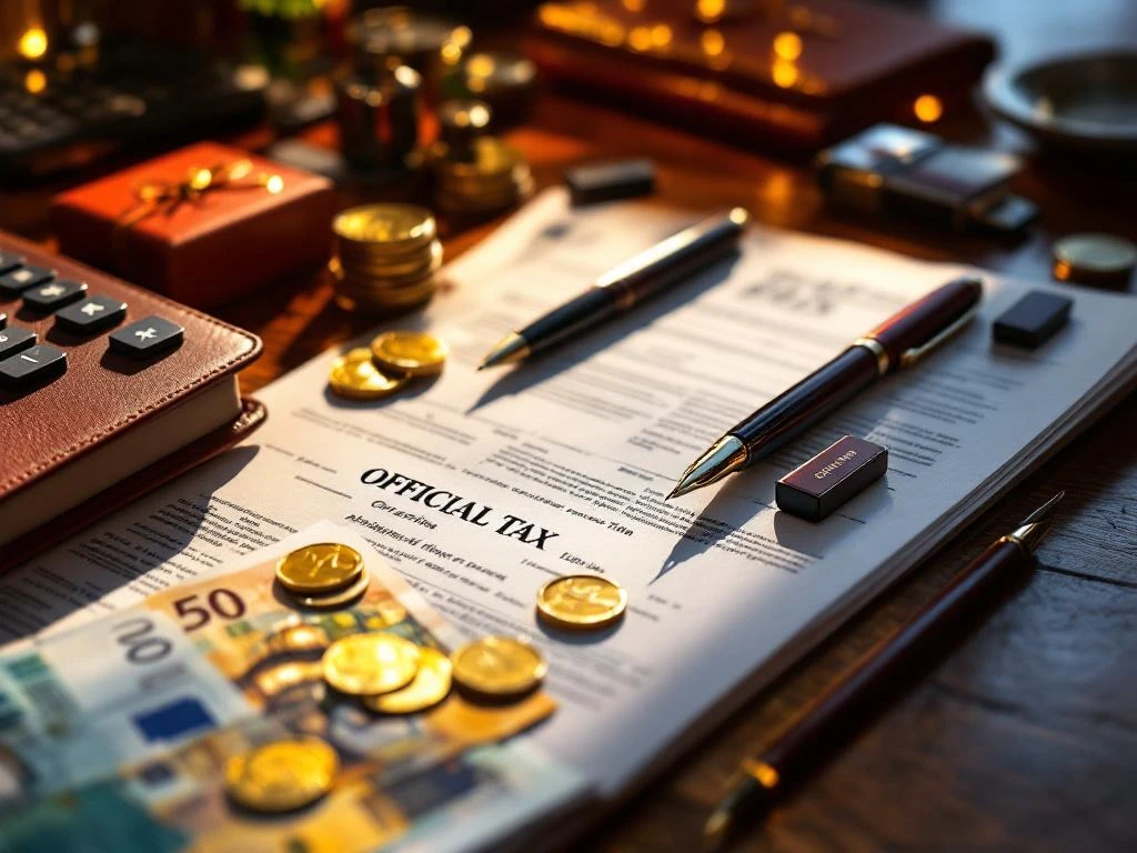 Personalisierte Geschenkartikel auf Holzschreibtisch mit Steuerdokumenten, Taschenrechner und Euro-Banknoten