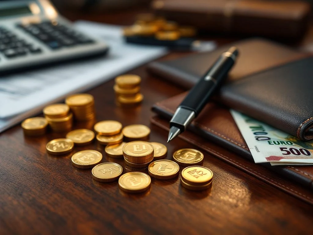 Luxuriöse Werbegeschenke auf Mahagoni-Schreibtisch: Ledermappen, Metallstifte, USB-Sticks mit Euro-Münzen und Scheinen