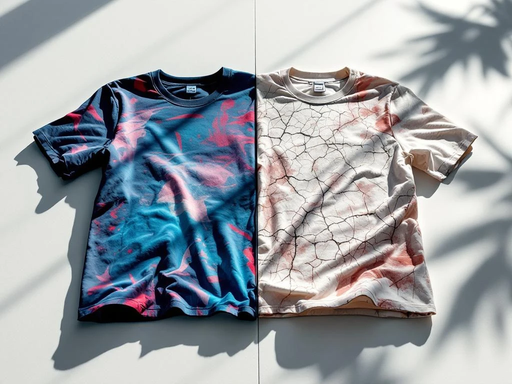Zwei bedruckte T-Shirts im Vergleich: links leuchtende Farben und scharfer Druck, rechts verblasste und rissige Grafik