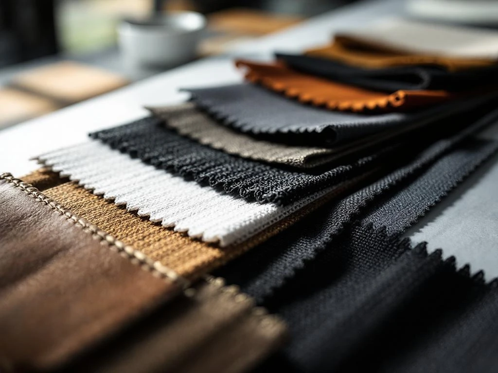 Verschiedene strapazierfähige Taschenmaterialien: Leder, Canvas, Synthetik und Nylon auf modernem Untergrund arrangiert