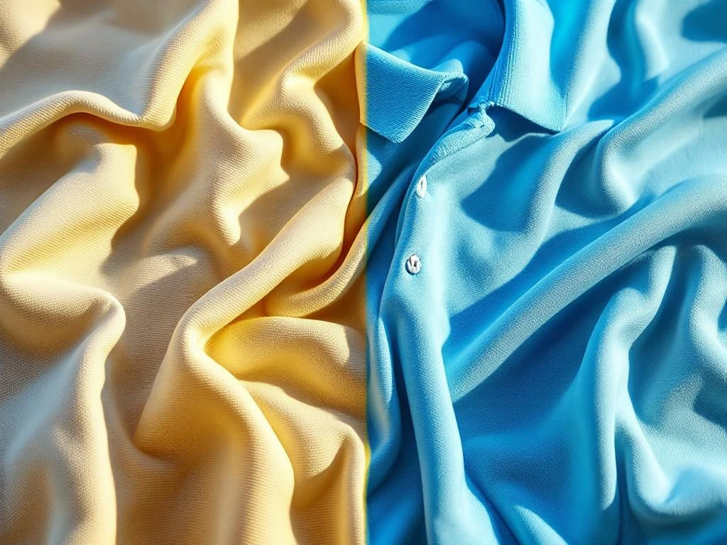 Stoffvergleich: natürliche Baumwolle links und glänzendes Polyester rechts mit Poloshirts und Taschen im Hintergrund
