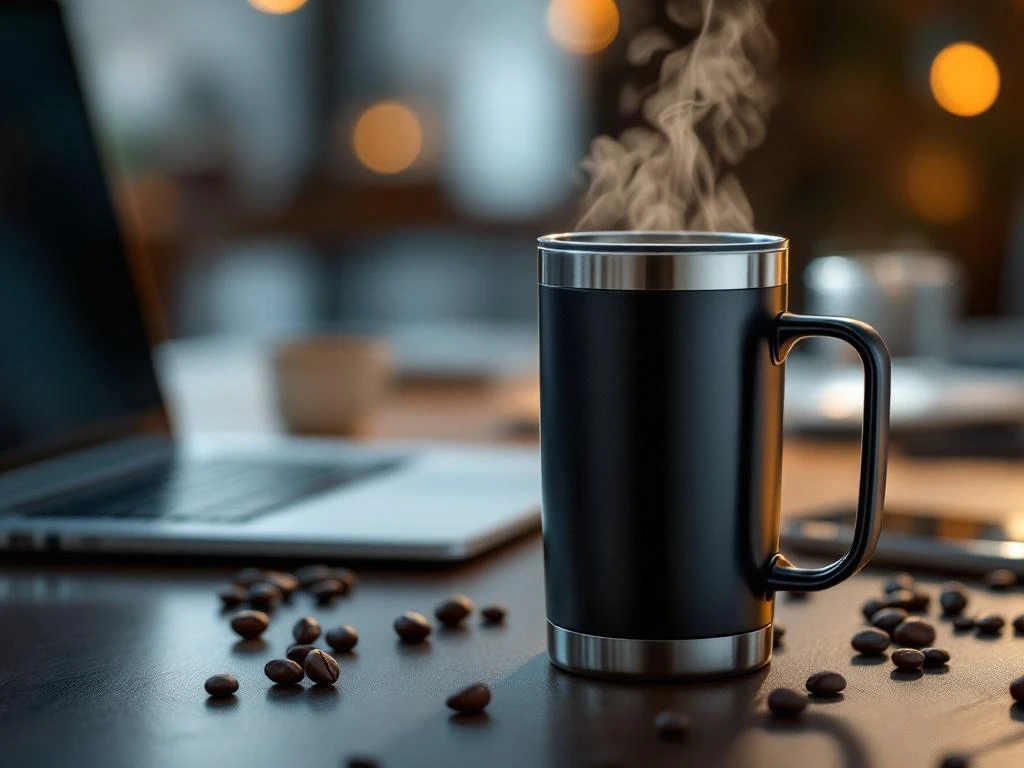 Elegante Edelstahl-Thermotasse mit mattschwarzem Finish auf Bürotisch, dampfend, neben Laptop und Kaffeebohnen