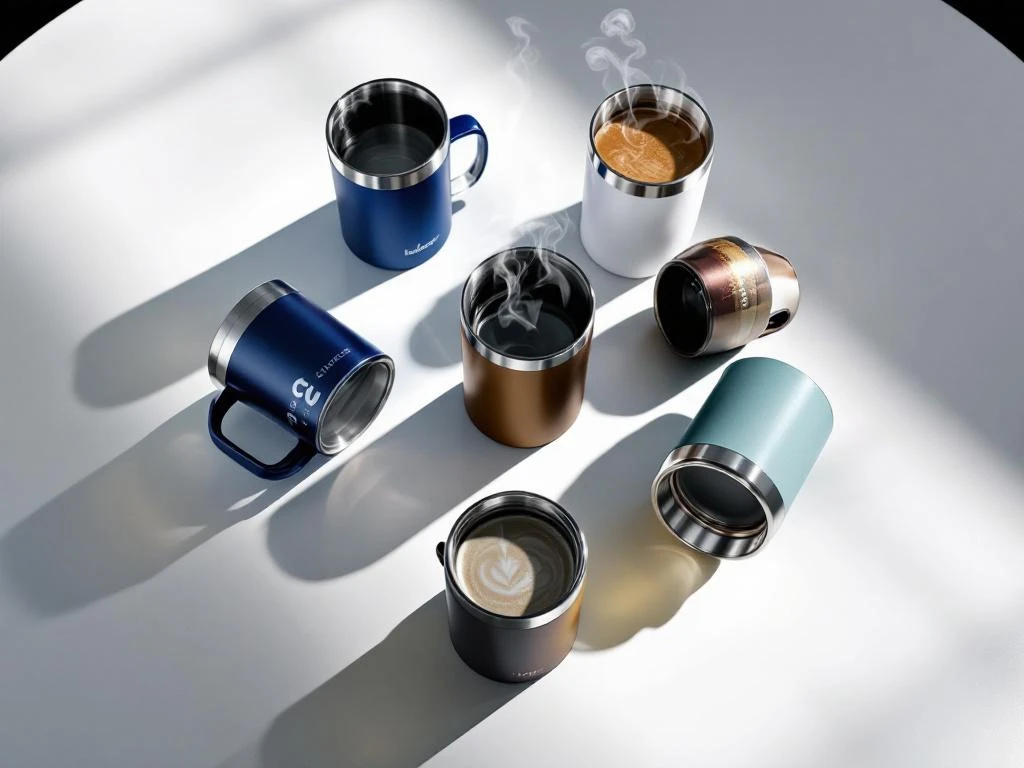 Mehrere Marken-Thermobecher in kreisförmiger Anordnung auf weißer Oberfläche mit verschiedenen Farbschemen und Logos