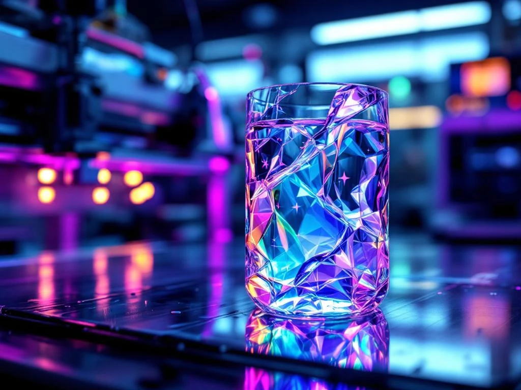 Glaswasserflasche mit UV-Druckdesign unter professioneller UV-LED-Beleuchtung in moderner Druckerei
