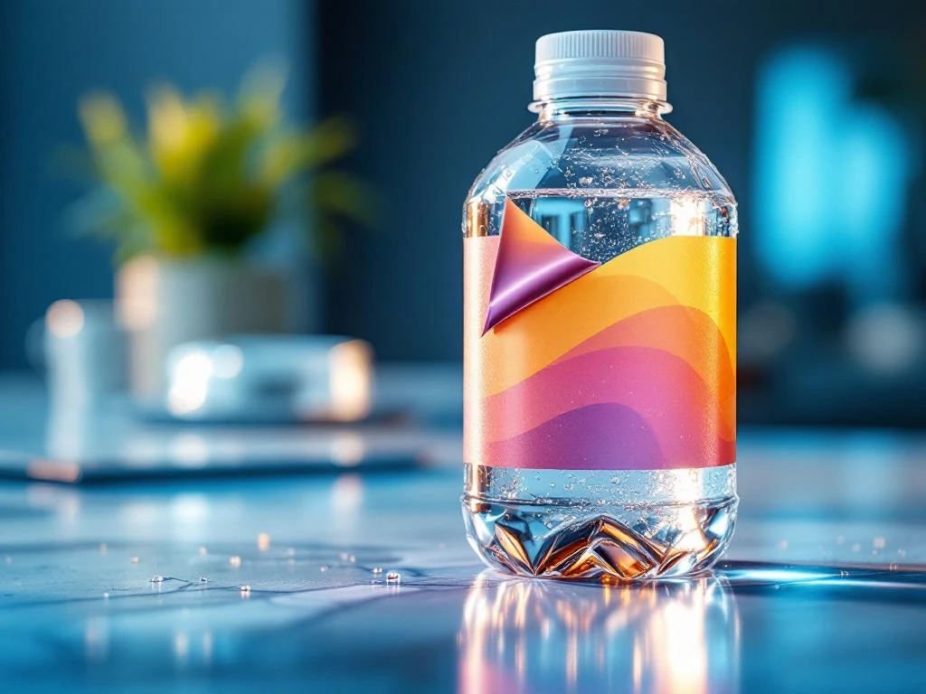 Transparente Wasserflasche mit buntem Aufkleber wird in modernem Arbeitsplatz aufgebracht, Wassertropfen betonen Frische