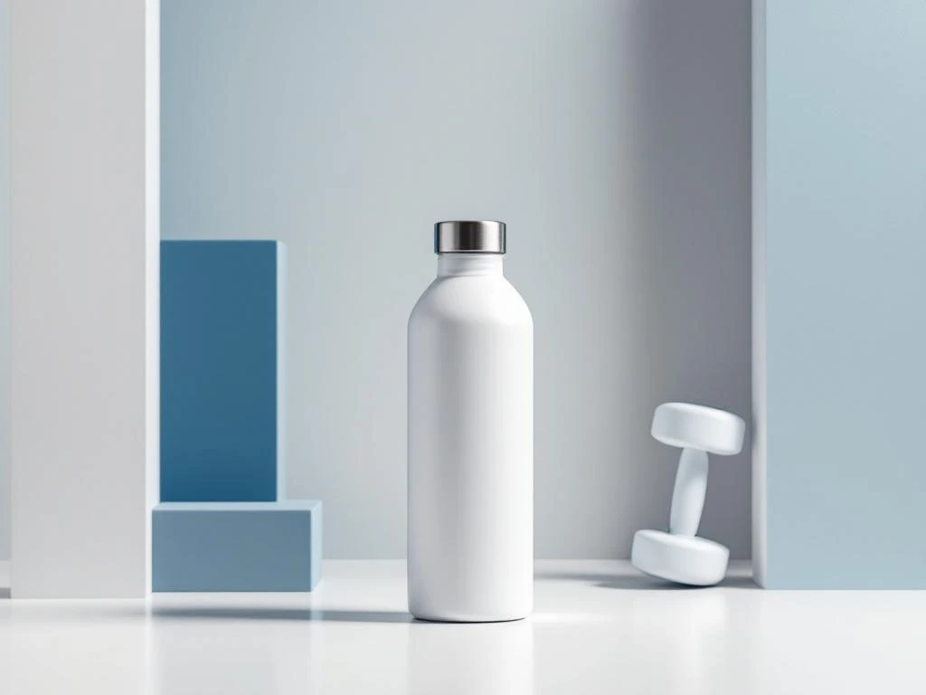 Weiße Wasserflasche im Zentrum mit geometrischen Formen und Hantel-Silhouette auf grau-weißem Hintergrund