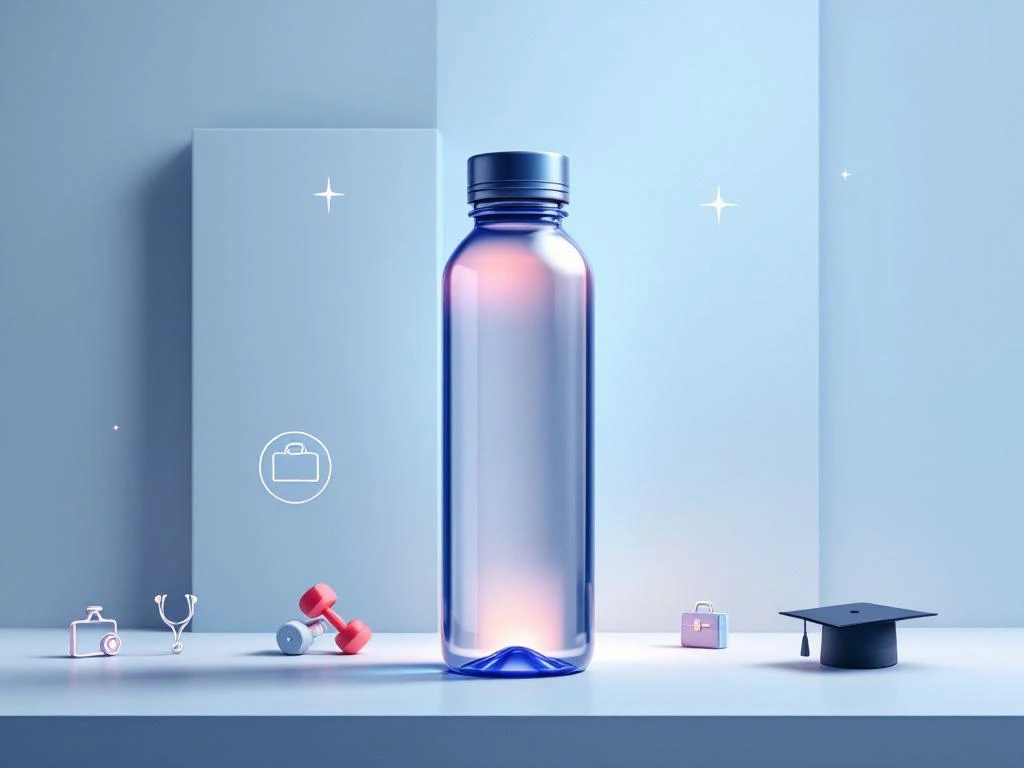 Moderne Wasserflasche umgeben von Branchensymbolen für Gesundheit, Business, Fitness und Bildung in blau-grauer Farbpalette