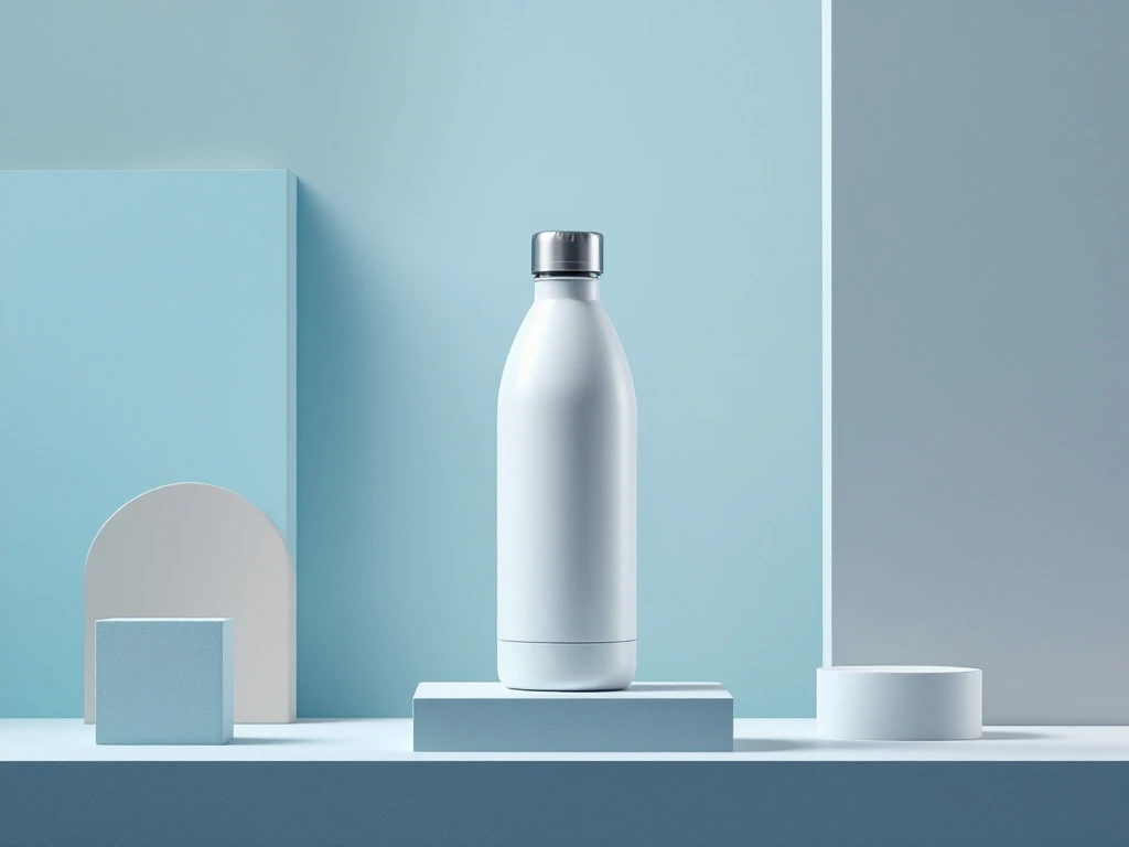 Weiße Wasserflasche auf blau-weißem Farbverlauf mit geometrischen Formen und Linien für Sportmarketing