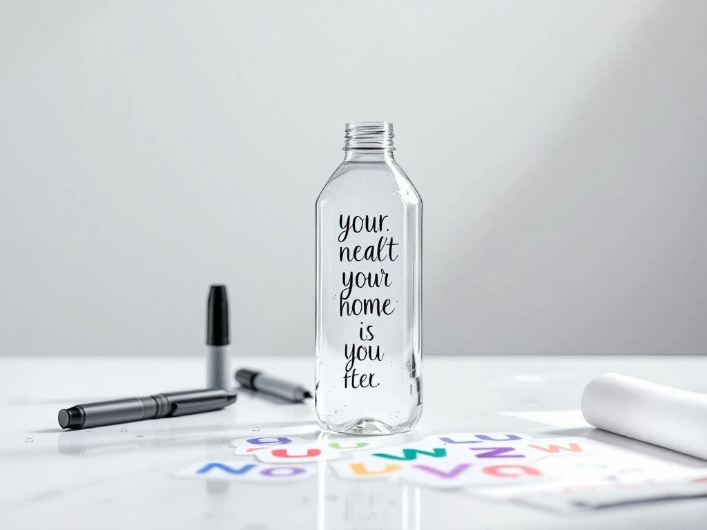 Glaswasserflasche mit Personalisierungswerkzeugen: schwarzer Marker, Vinylaufkleber und Gravurstift auf weißer Oberfläche