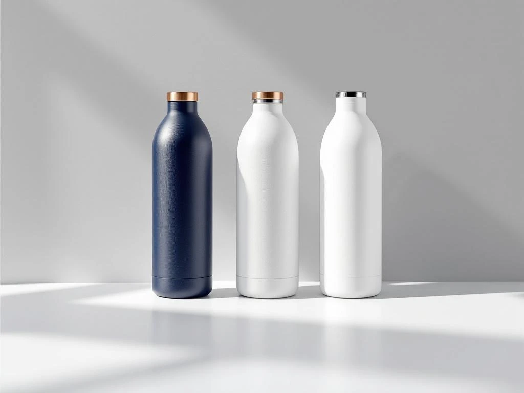 Drei moderne Wasserflaschen aus Edelstahl, Glas und Kunststoff mit verschiedenen Drucktechniken auf weißer Oberfläche