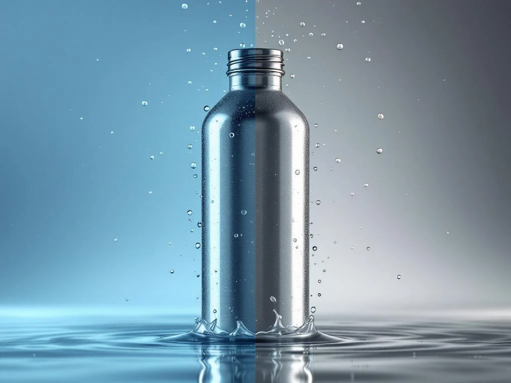 Edelstahl- und Plastikwasserflasche nebeneinander mit Wassertropfen auf blau-grauem Hintergrund