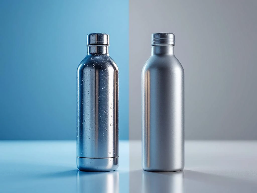 Vergleich zweier Premium-Wasserflaschen: Edelstahl mit Spiegeleffekt links, mattes Aluminium rechts auf Verlaufshintergrund