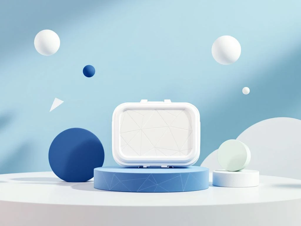 Weiße minimalistische Lunchbox mit geometrischen Mustern auf blau-weißem Hintergrund mit abstrakten Formen
