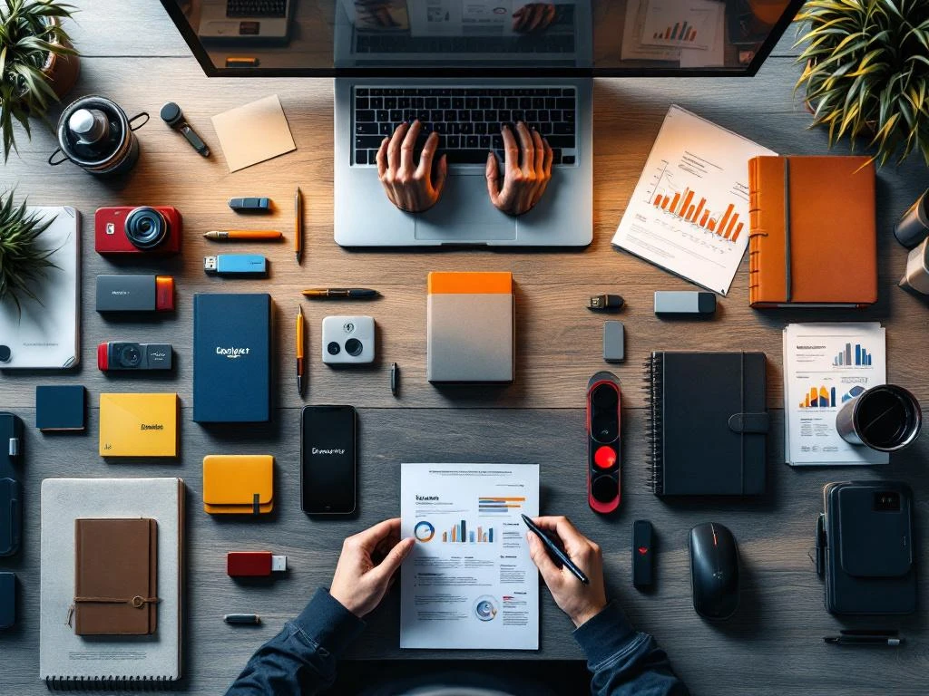 Moderner Bürotisch mit strategisch angeordneten Werbemitteln: Stifte, USB-Sticks, Notizbücher und Tech-Gadgets für Zielgruppen